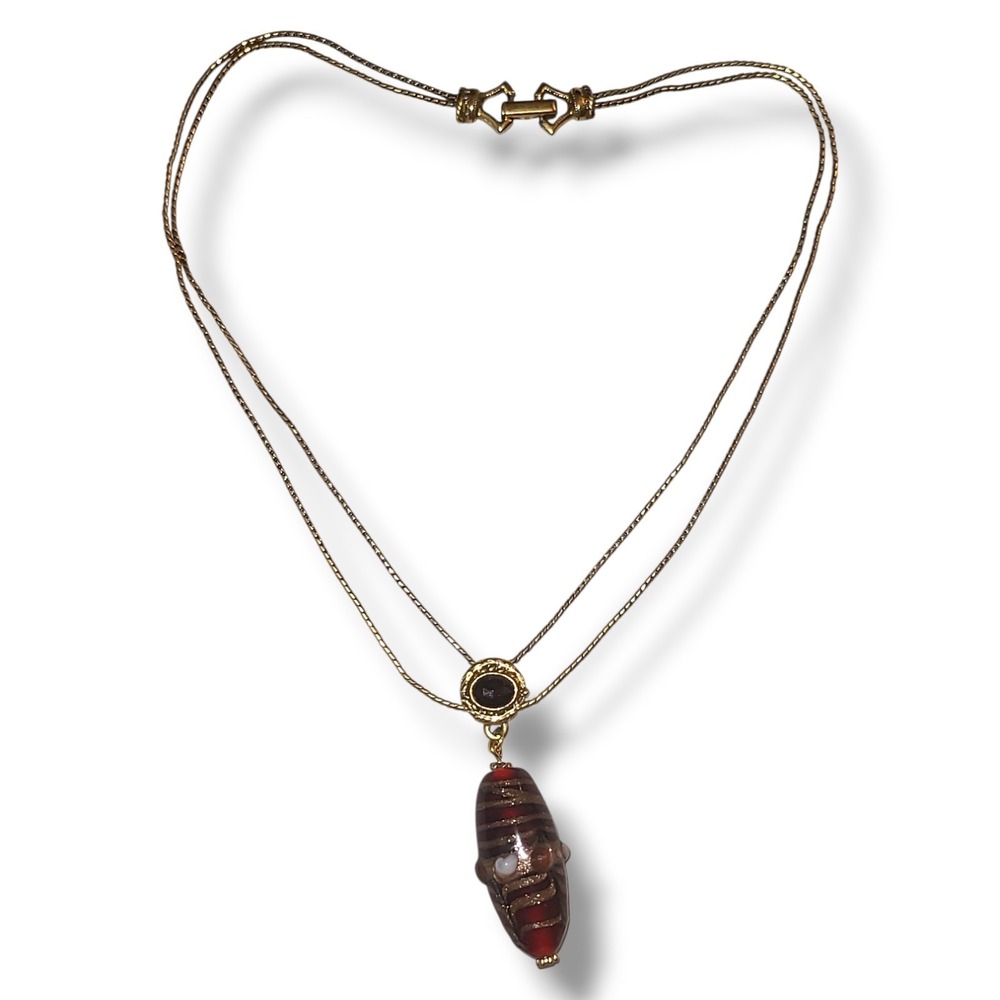 Vintage Goldette Signed Art Glass Pendant Necklace‎ Red Venetian Style Choker